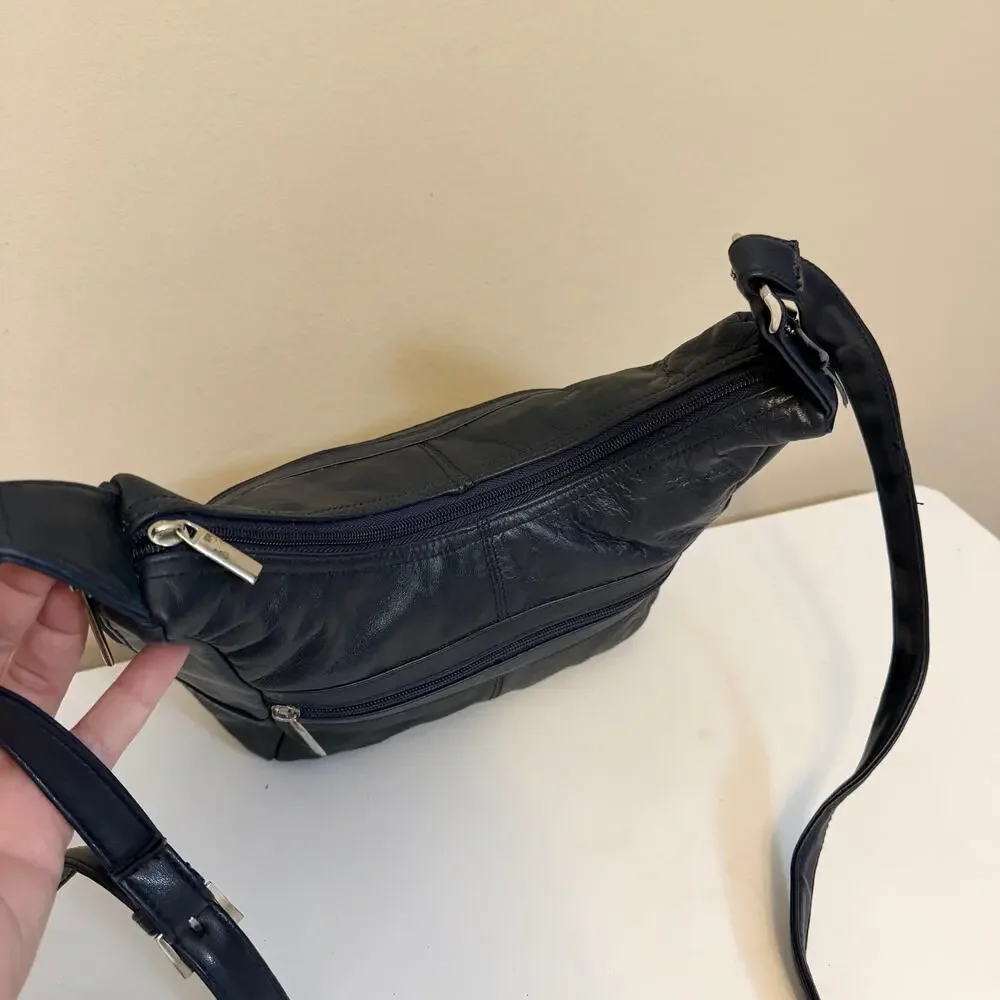 Vintage d'margeaux Genuine Leather Crossbody Hobo Bag Everyday Casual Navy Blue